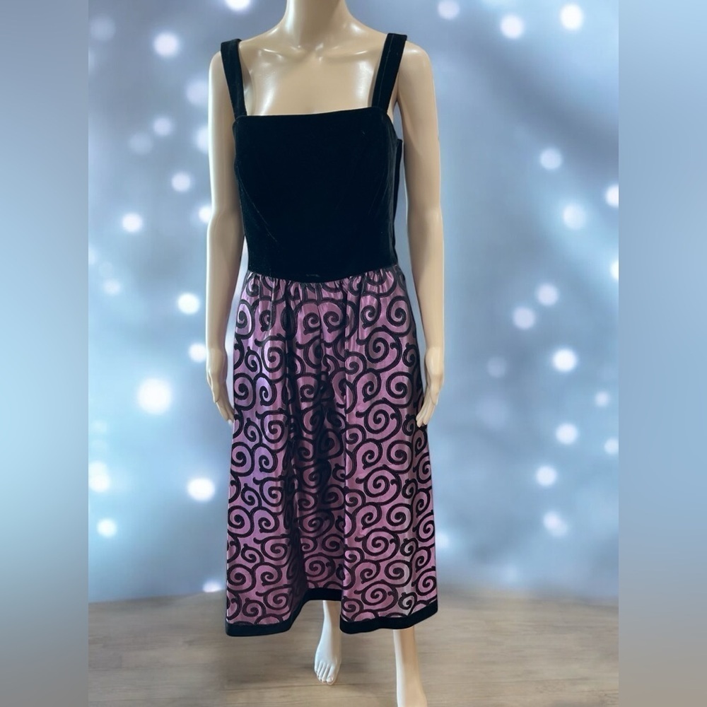 Black velvet dress vintage Lanz Prom MOTB with taffeta purple brocade  skirt M/L